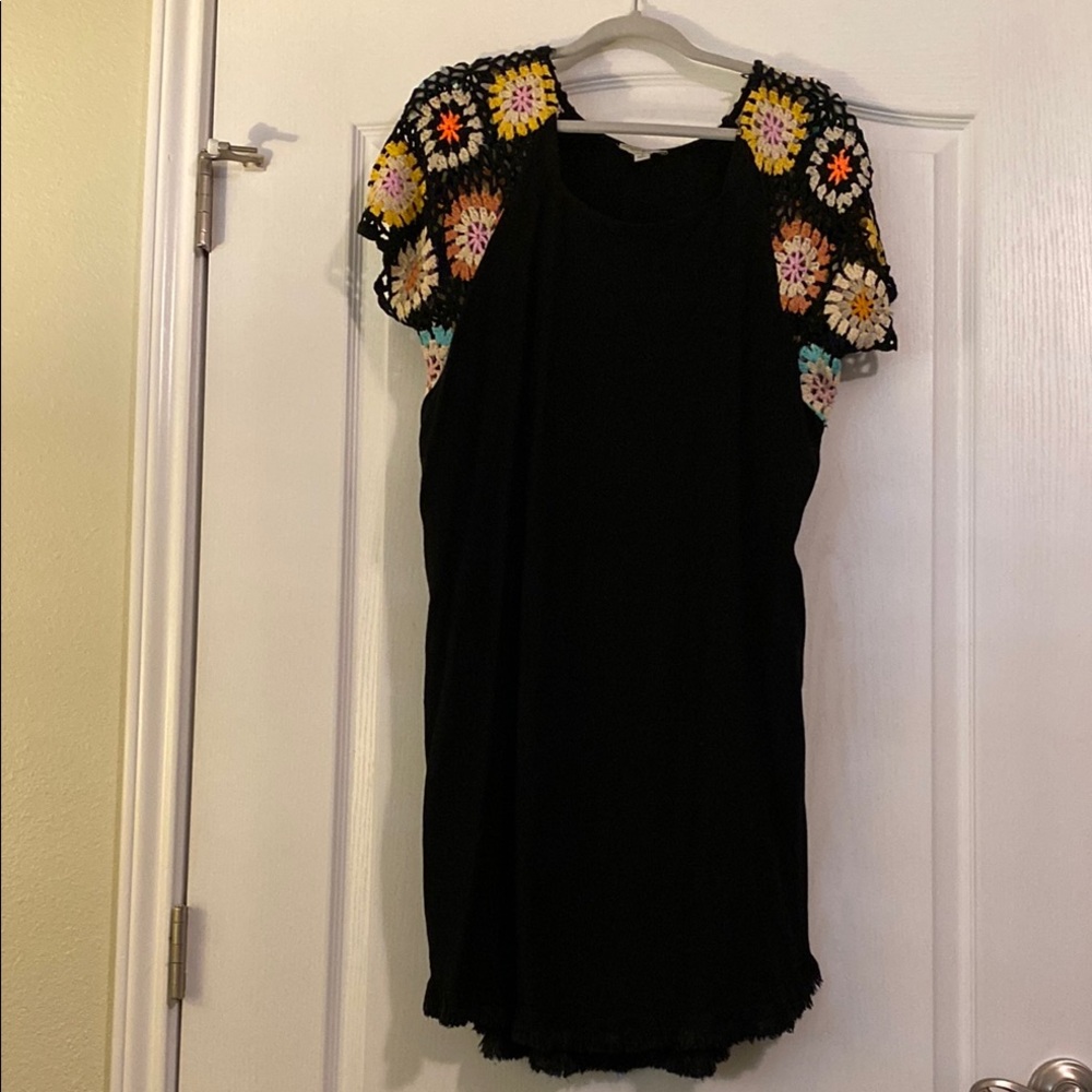 Umgee Black Linen/Cotton Dress with Crocheted Sleeves